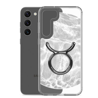 Zodiac Taurus Samsung Phone Case featuring a ripple marble design and Taurus symbol on a sleek transparent background.