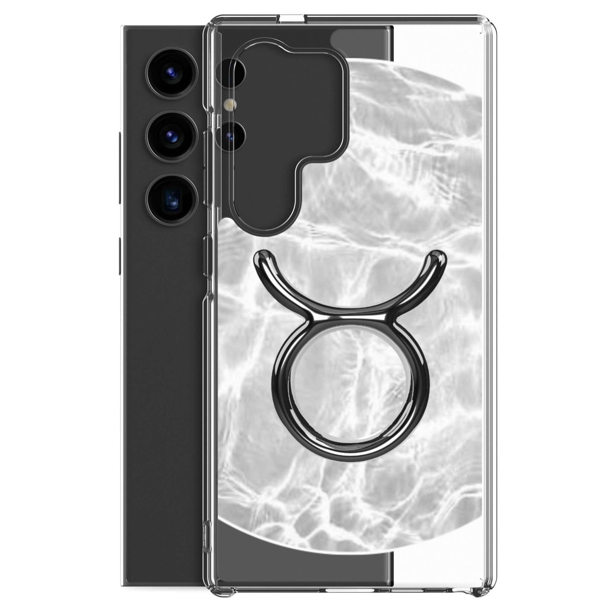 Zodiac Taurus Samsung Phone Case with ripple finish, featuring a bold Taurus symbol and clear flexible design.