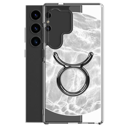 Zodiac Taurus Samsung Phone Case with ripple finish, featuring a bold Taurus symbol and clear flexible design.