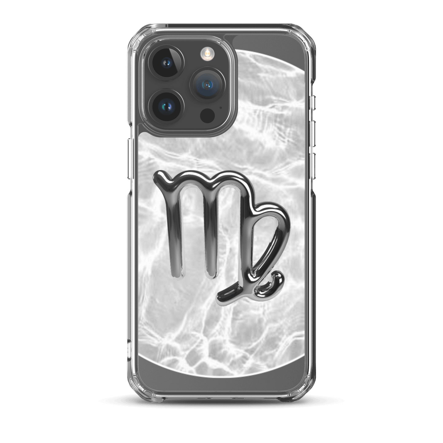 Zodiac Virgo Magsafe clear iPhone case with metallic design on marble-inspired background