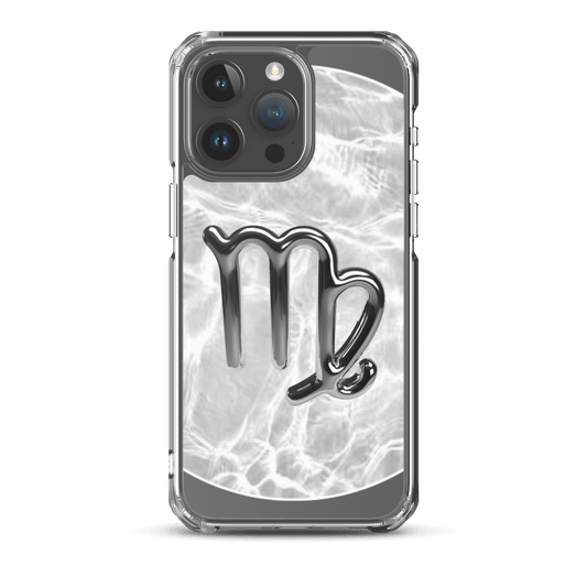 Zodiac Virgo Magsafe clear iPhone case with metallic design on marble-inspired background