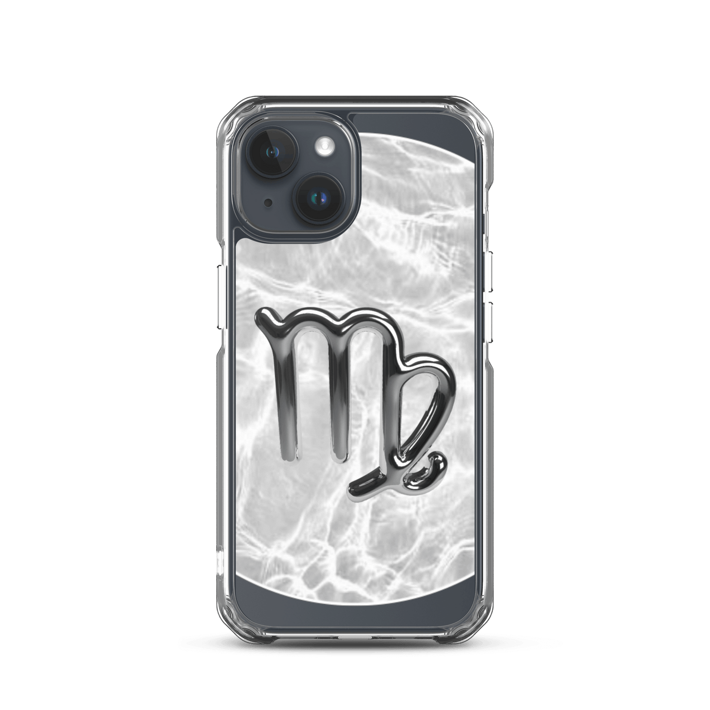 Zodiac Virgo clear iPhone case with metallic design over marble texture, showcasing cosmic elegance and protection.