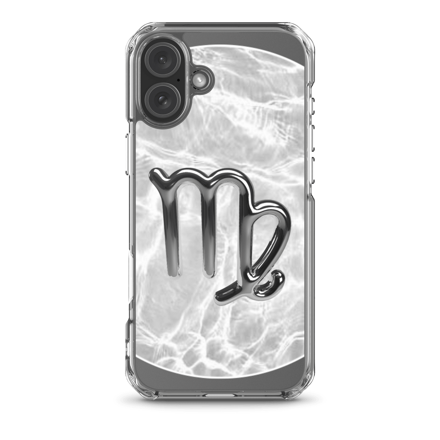 Zodiac Virgo Magsafe iPhone case with marble design and metallic Virgo symbol on a sleek clear background.