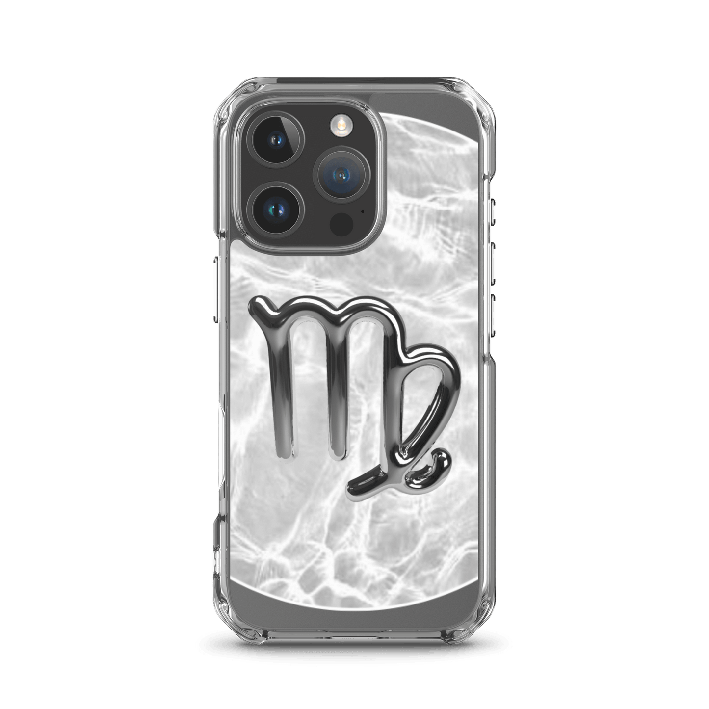 Clear iPhone case with Virgo symbol in metallic design over marble background, blending style and protection.