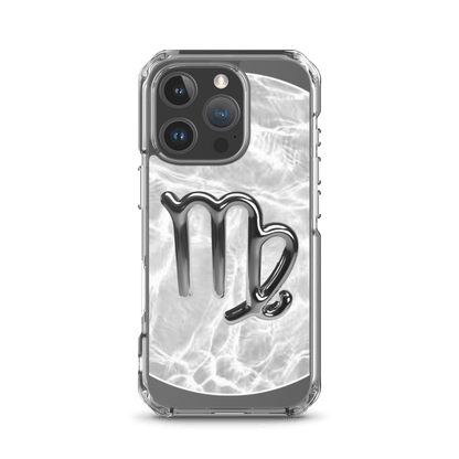 Clear iPhone case with Virgo symbol in metallic design over marble background, blending style and protection.