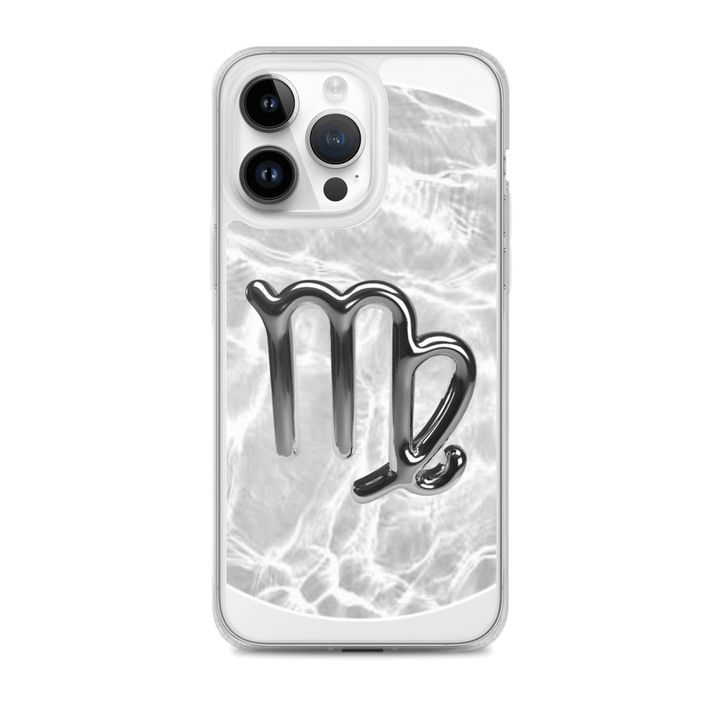 Zodiac Virgo Magsafe clear iPhone case with metallic design over marble pattern, showcasing cosmic elegance.