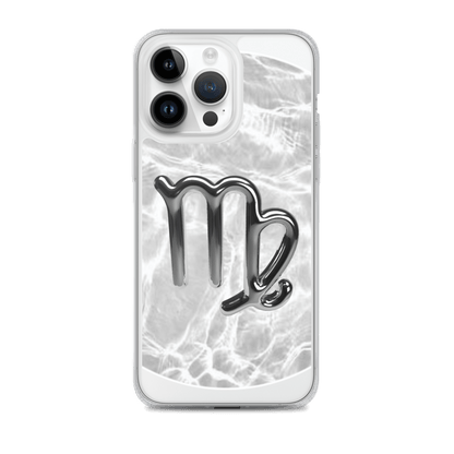 Zodiac Virgo Magsafe clear iPhone case with metallic design over marble pattern, showcasing cosmic elegance.