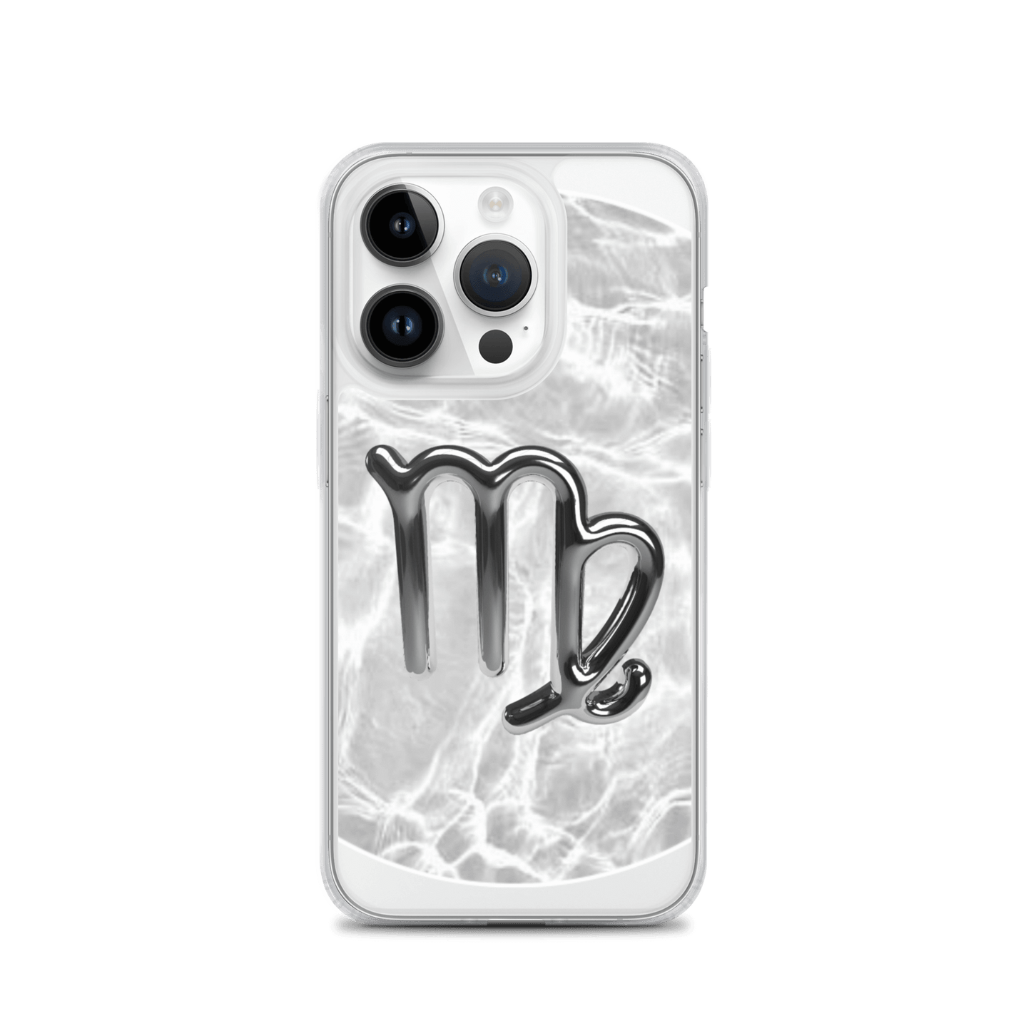 Zodiac Virgo Magsafe clear iPhone case with metallic design over marble texture for cosmic protection.