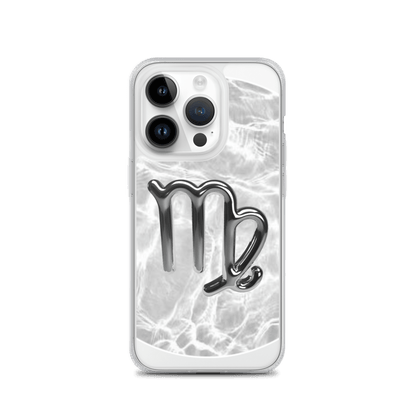 Zodiac Virgo Magsafe clear iPhone case with metallic design over marble texture for cosmic protection.