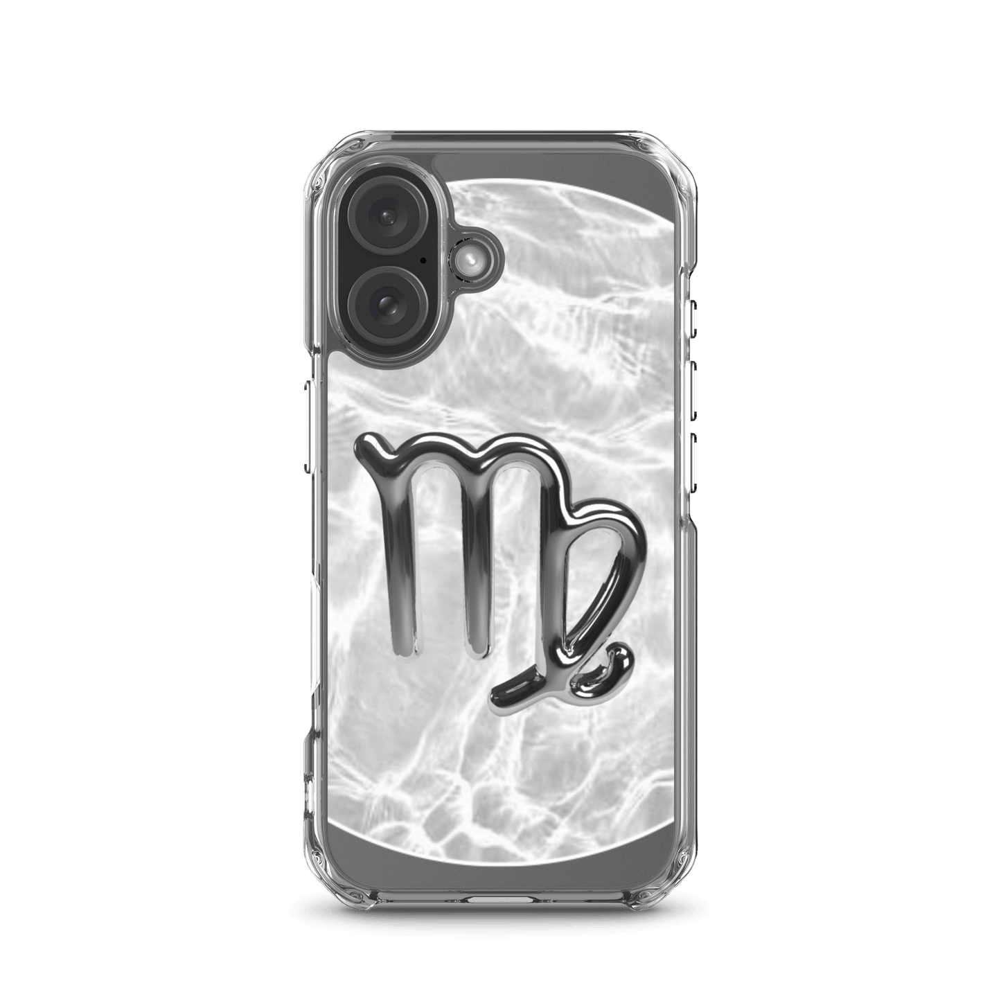 Zodiac Virgo Magsafe Clear iPhone Case with marble metallic design, showcasing cosmic style and protection.