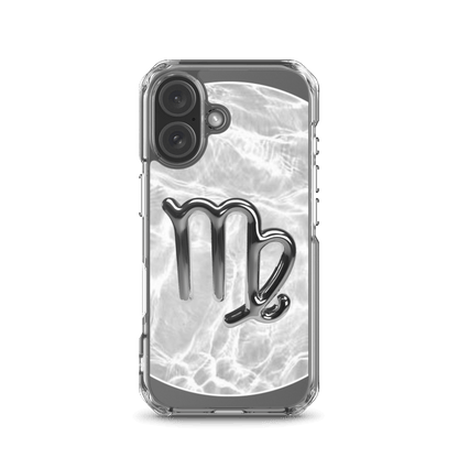 Zodiac Virgo Magsafe Clear iPhone Case with marble metallic design, showcasing cosmic style and protection.