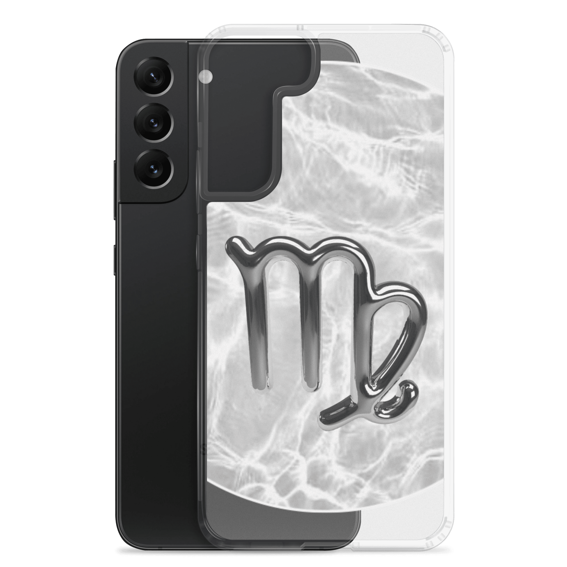 Zodiac Virgo Samsung Phone Case with Ripple Marble design, featuring a metal Virgo symbol on a clear background.