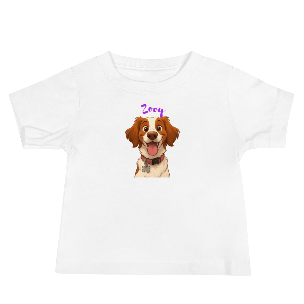 Custom cartoon pet baby tee with the name Zoey, featuring a happy dog illustration in a Disney-inspired style.