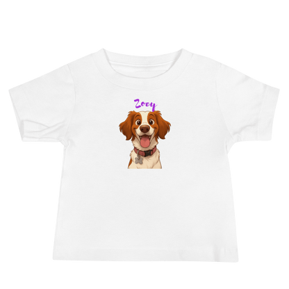 Custom cartoon pet baby tee with the name Zoey, featuring a happy dog illustration in a Disney-inspired style.